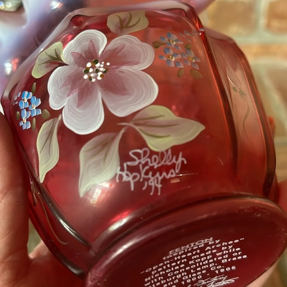 Fenton Cranberry Opalescent Art Glass Hand Painted Floral Basket Signed